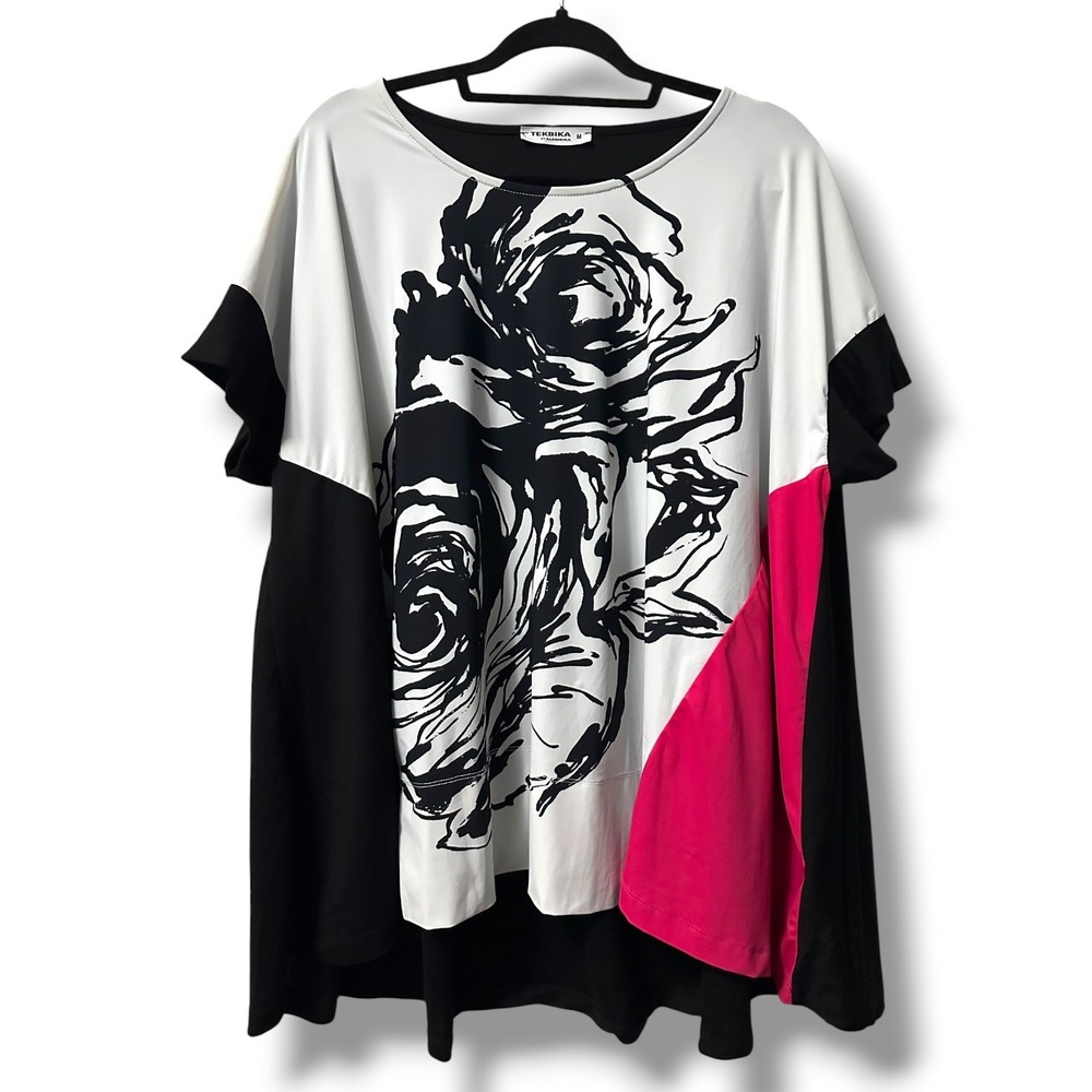Tekbika by Alembika Floral Colorblock Tunic Top Black White Pink M Lagenlook